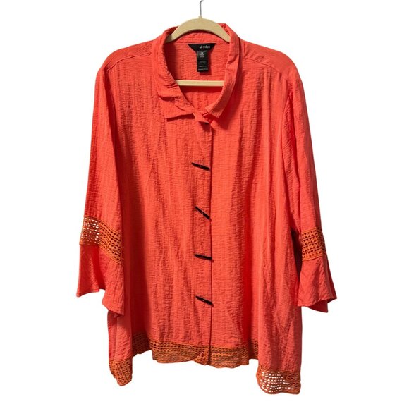 Ali Miles Womens 2X Coral Kimono Jacket With Crocheted Accents blouse. NWT - Picture 1 of 12